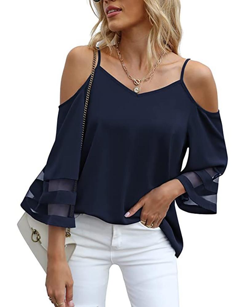 

Sheer Mesh Patch Bell Sleeve Cold Shoulder Top, Dark blue