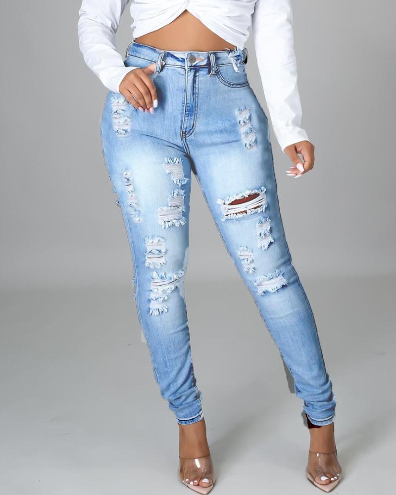 

Ripped Pocket Design High Waist Jeans, Blue