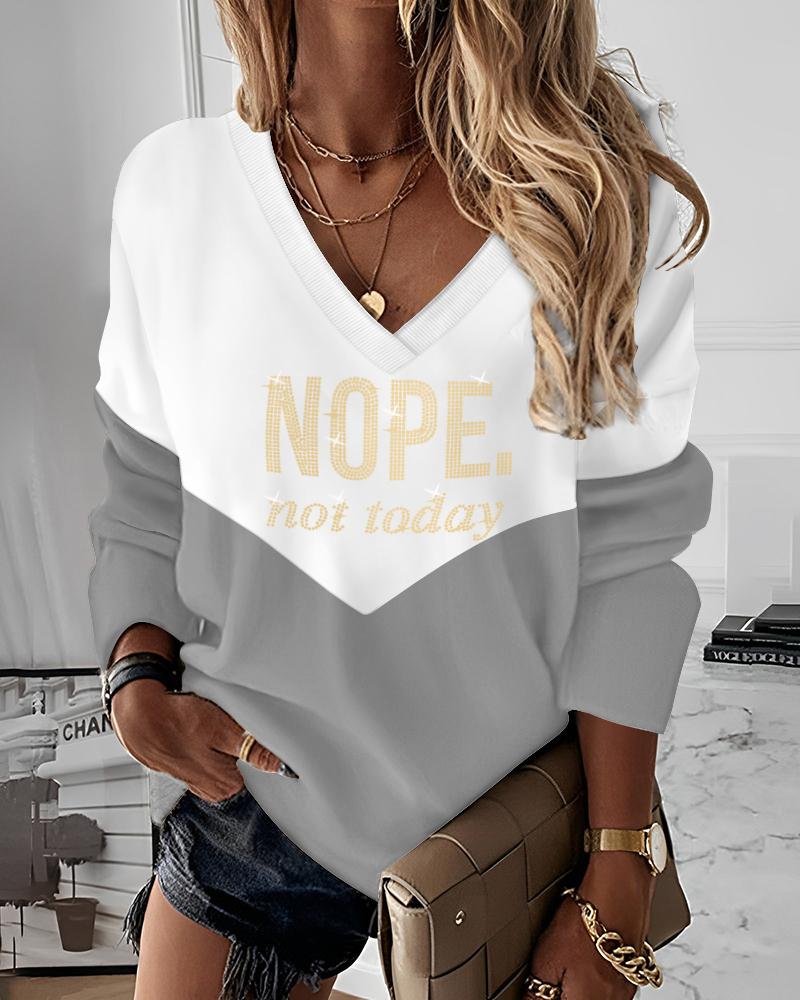 

Colorblock Nope Not Today Pattern Rhinestone Top, Gray