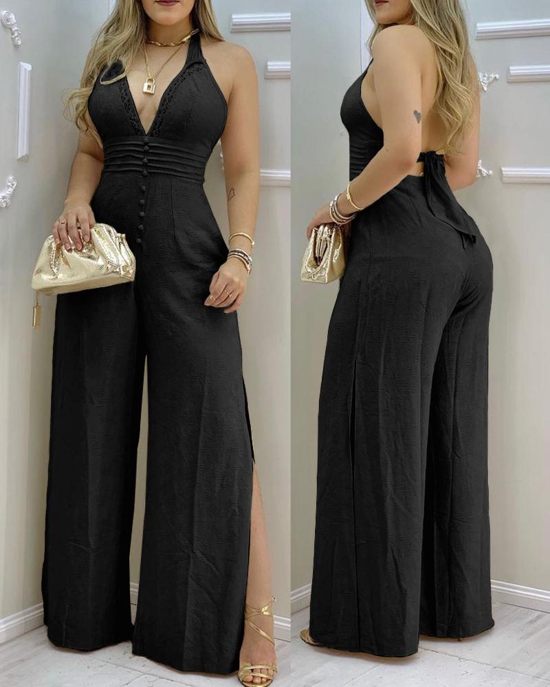 

Lace Trim Buttoned Backless Slit Jumpsuit, Black