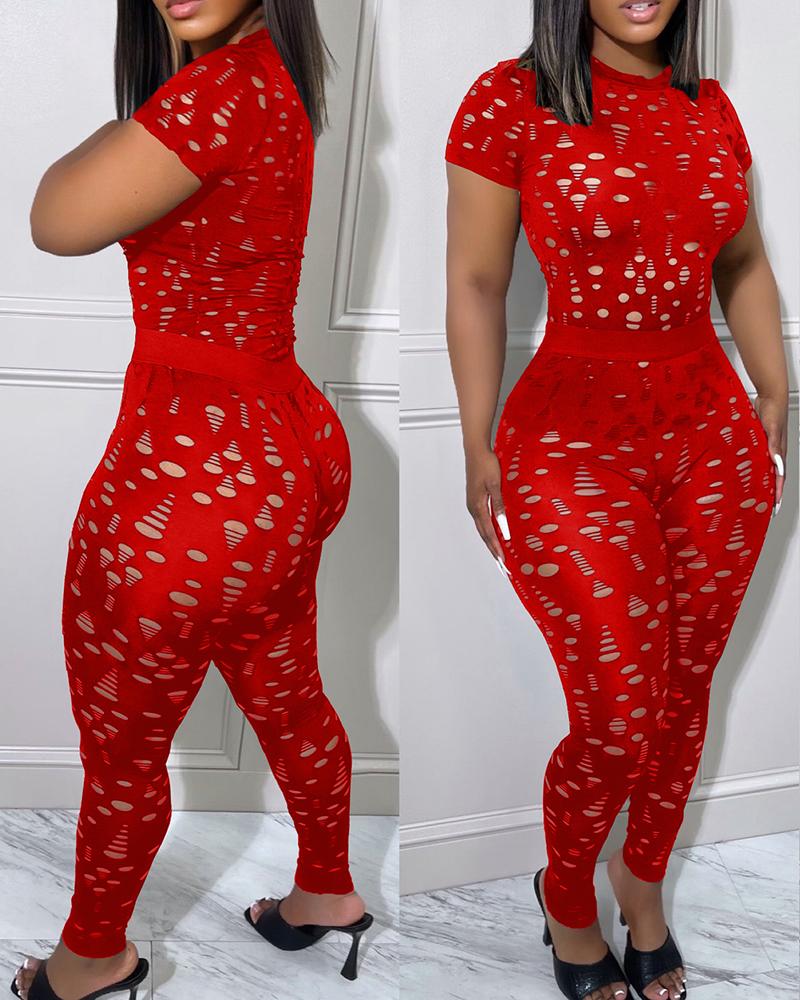 

Cutout T-shirt & High Waist Pants Set, Red