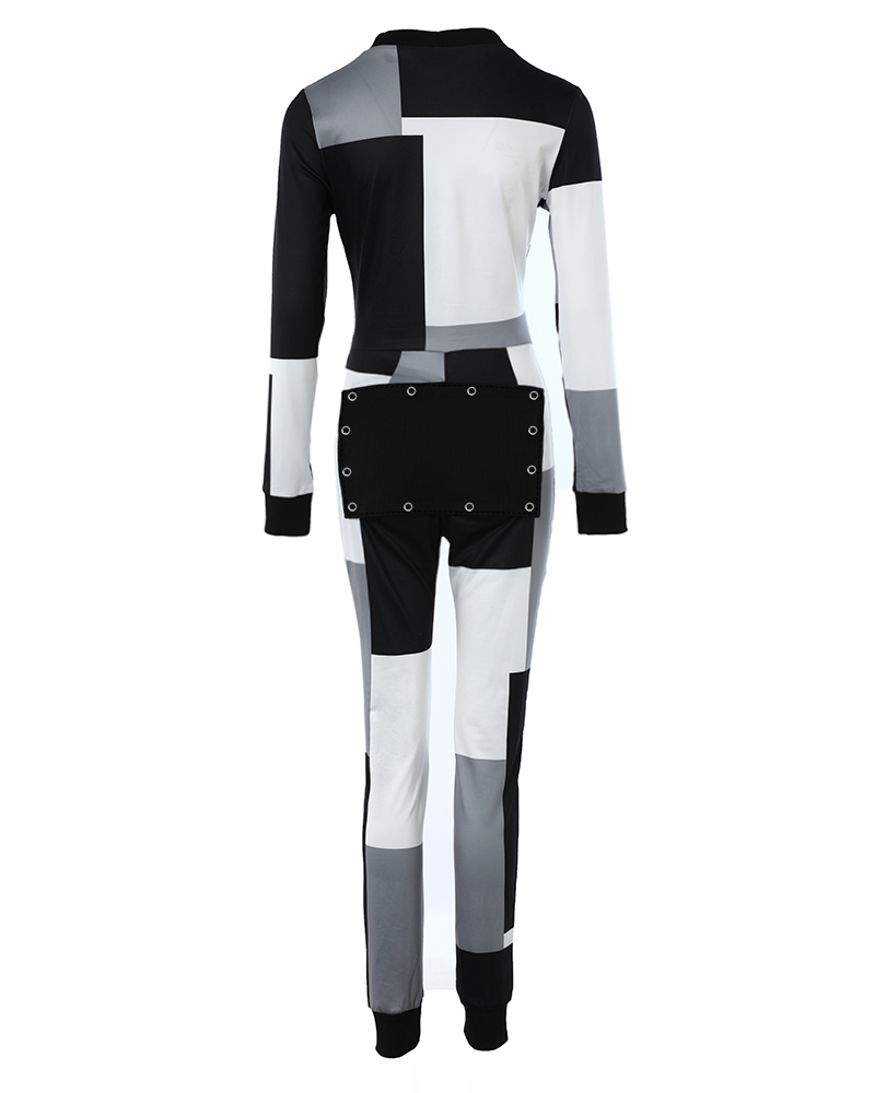 

Colorblock Long Sleeve Flap Pajamas Jumpsuit, Black