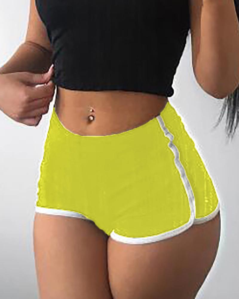 

High Waist Contrast Binding Sporty Shorts, Yellow