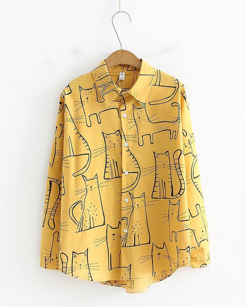 

Cartoon Cat Button Detail Shirt, Yellow