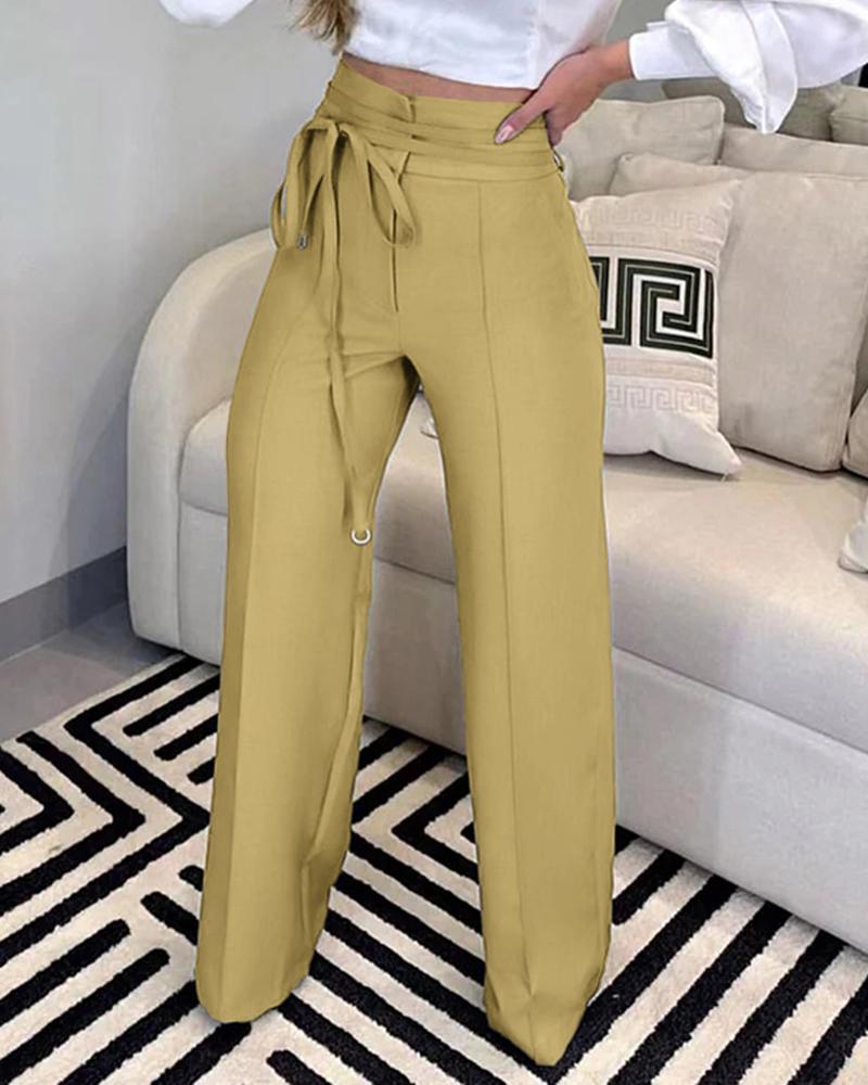 

Tied Detail Straight Leg Work Pants, Dark yellow