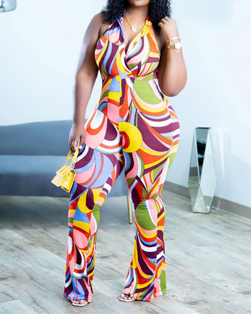 

Abstract Print Halter Backless Jumpsuit, Multicolor