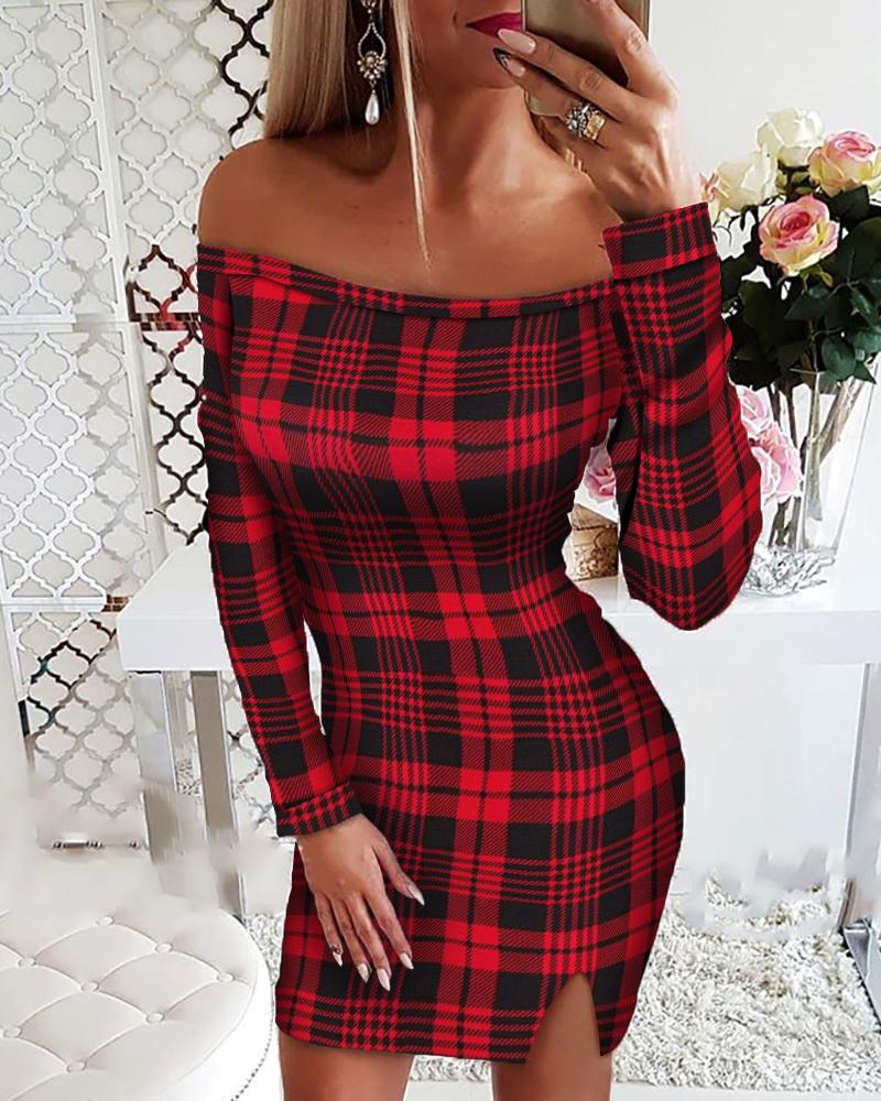 

Christmas Plaid Print Off Shoulder Bodycon Dress, Red