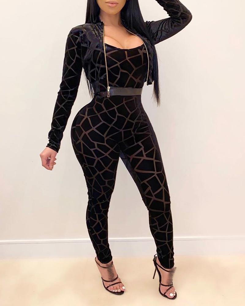 

Geometry Print Skinny Jumpsuit & Zipper Design Long Sleeve Coat Set, Black