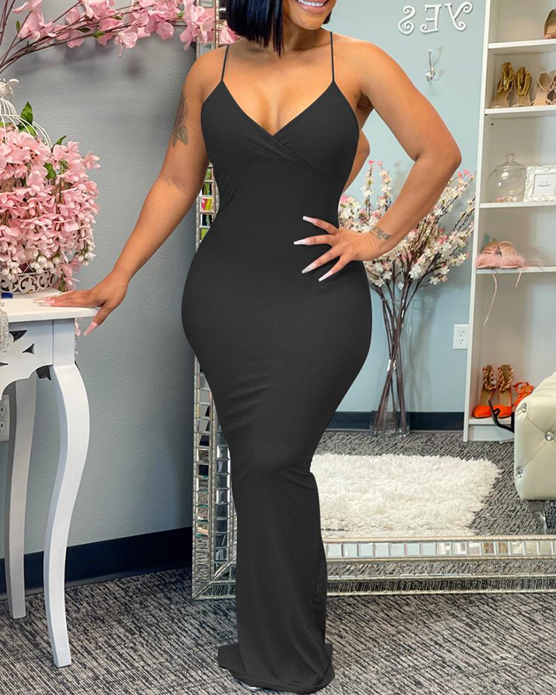 

Spaghetti Strap V-Neck Slit Maxi Dress, Black