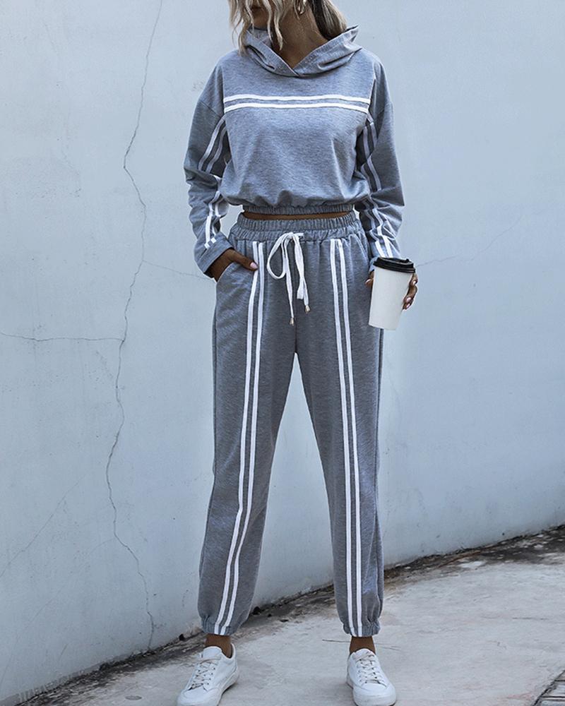 

Solid Color Splicing Striped Long Sleeve Hooded Sweatshirt Sets, Light gray