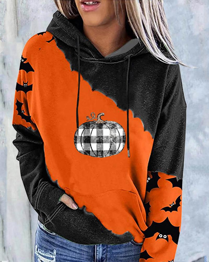

Halloween Pumpkin Bat Print Long Sleeve Hoodie, Orange