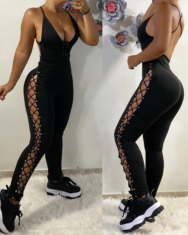 

Eyelet Lace Up Spaghetti Strap Skinny Jumpsuit, Black