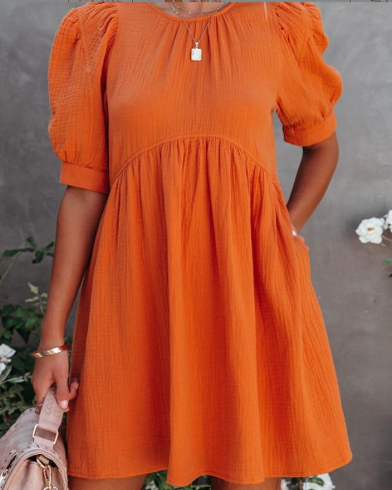 

Puff Sleeve Patchwork Casual Smock Dress, Orange