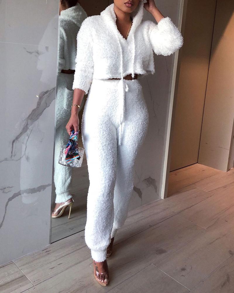 

Long Sleeve Hooded Teddy Top & High Waist Pants Set, White