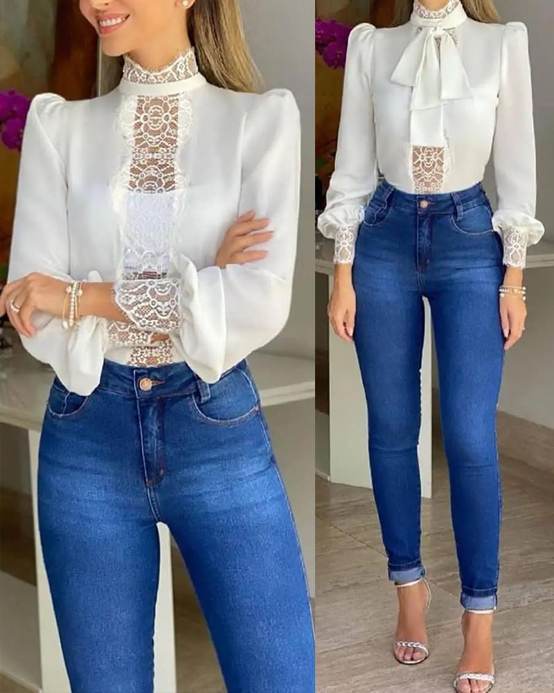 

Contrast Lace Tie Front Long Sleeve Top, White
