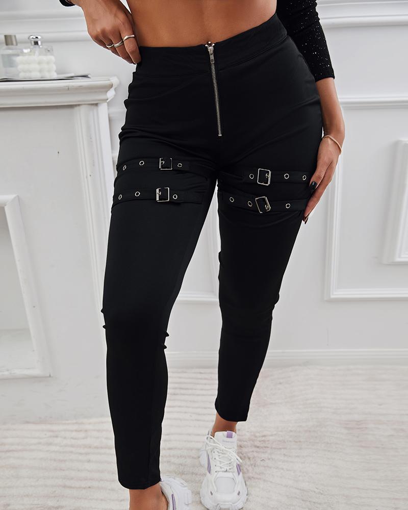 

Zipper Design Buckled Skinny Pants, Black