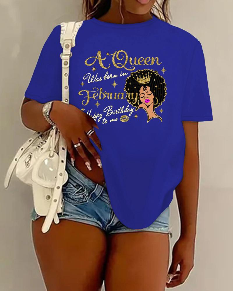 

Figure Happy Birthday Queen Letter Print Casual T-shirt, Blue