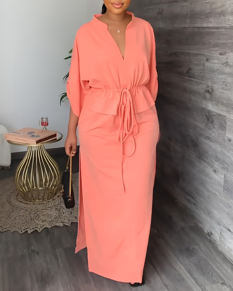 

Roll Up Sleeve Drawstring Waist Split Hem Maxi Dress, Pink