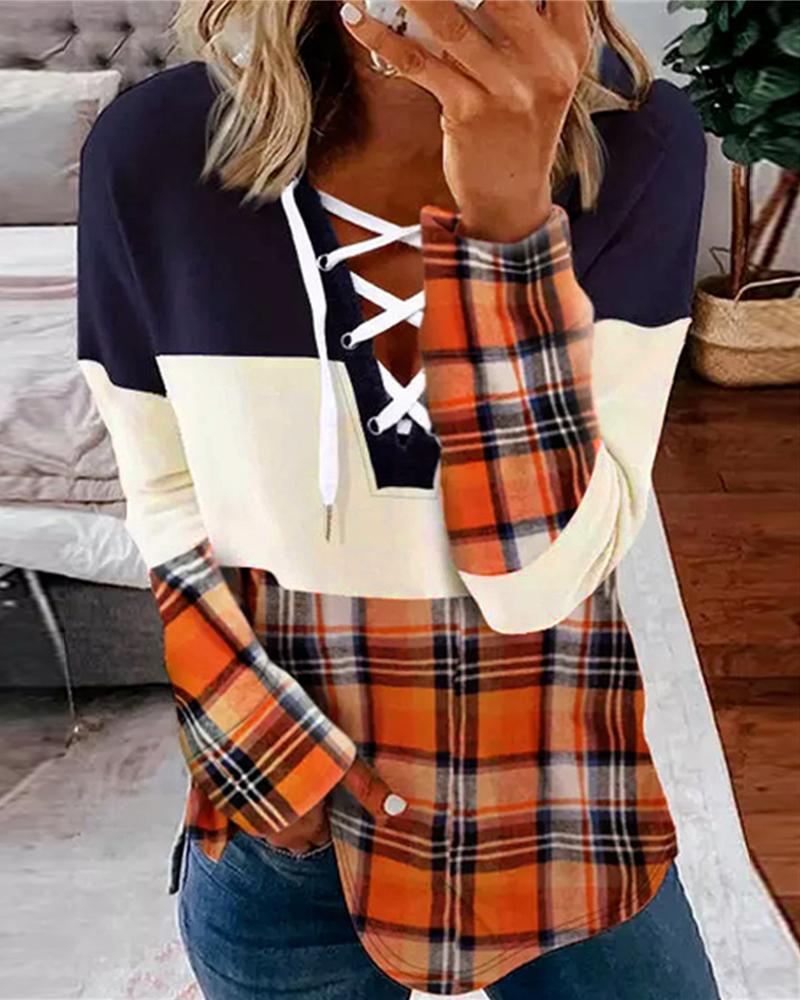 

Plaid Print Colorblock Eyelet Lace-up Casual Top, Multicolor