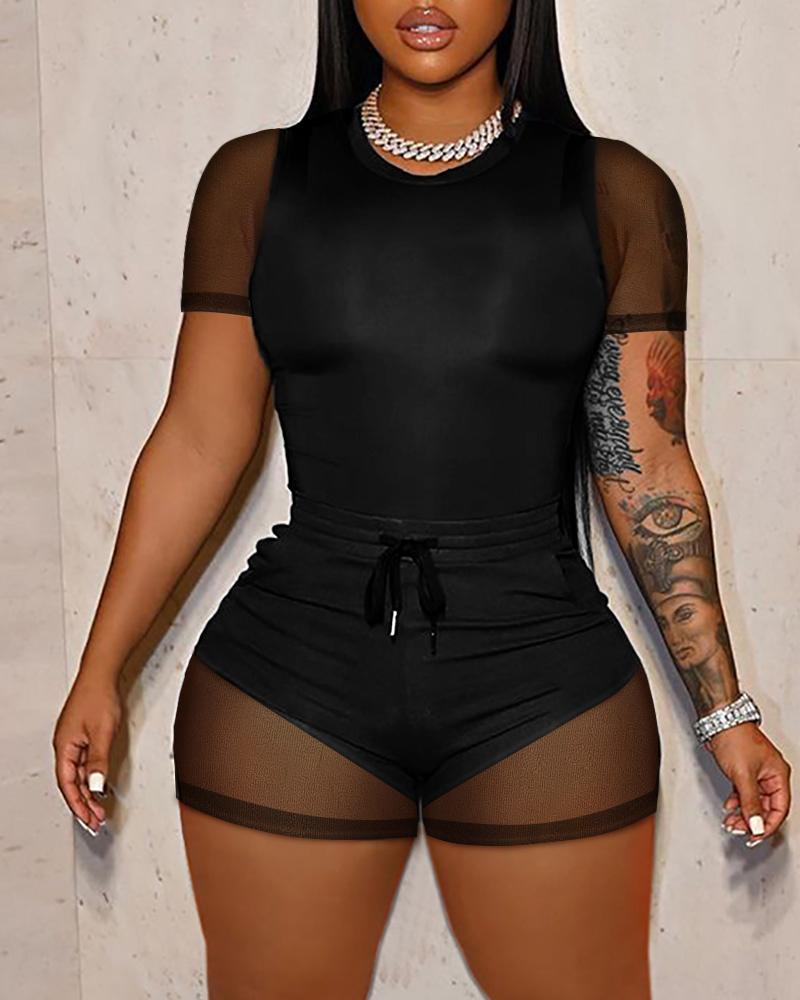 

Contrast Mesh Top & Drawstring Shorts Set, Black