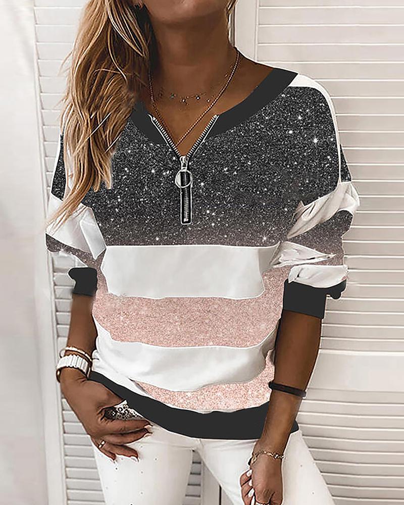 

Colorblock Glitter Zipper Front Drop Shoulder Sweatshirt, Black