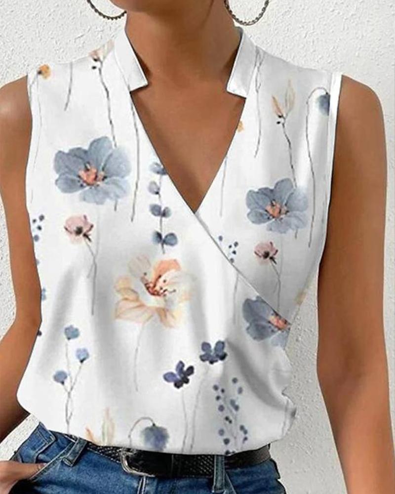 

Floral Print Sleeveless Wrap Blouse, White