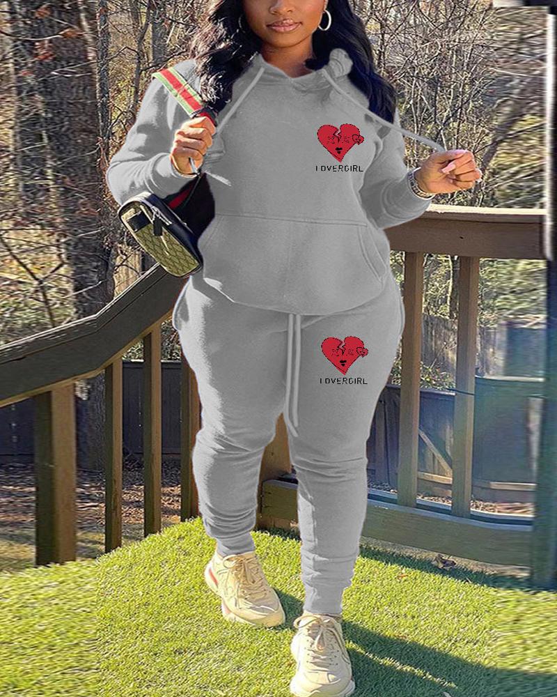 

Plus Size Heart Letter Print Casual Hoodie & Pants Set, Gray