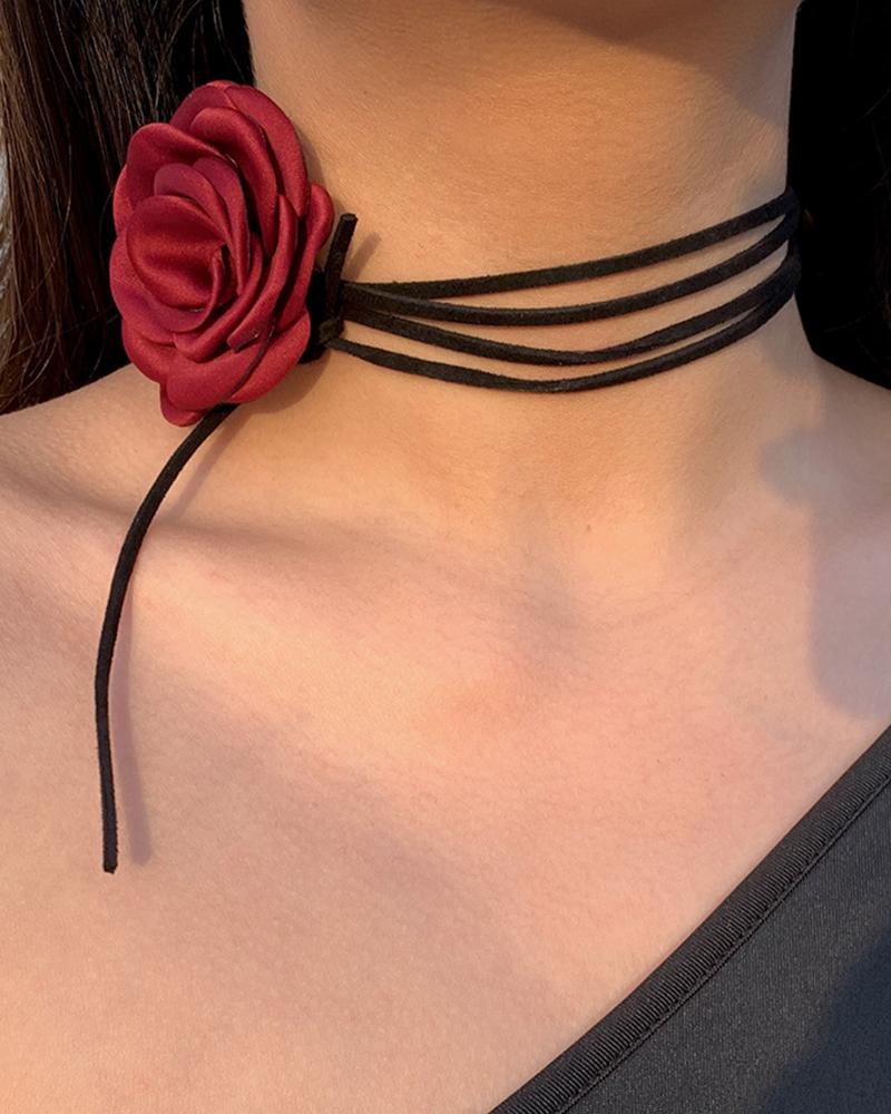 

1pc Vintage Layered Tassel Rose Choker, Wine red