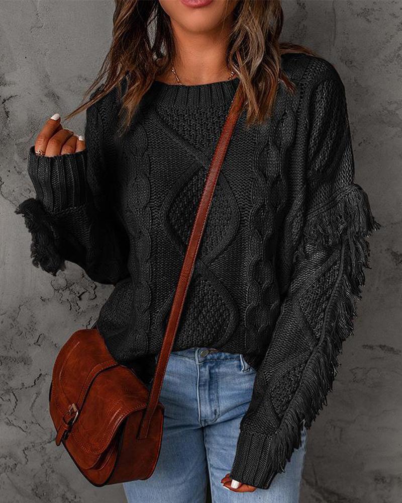 

Fringe Trim Long Sleeve Cable Knit Sweater, Black