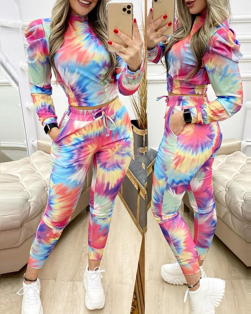 Tie Dye Print Puff Sleeve Top & Pocket Design Pants Set