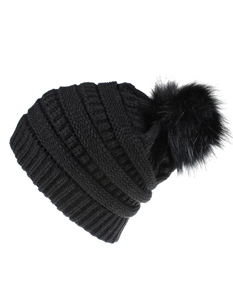 

Winter Thermal Knit Bennie Hat With Pom Pom, Black