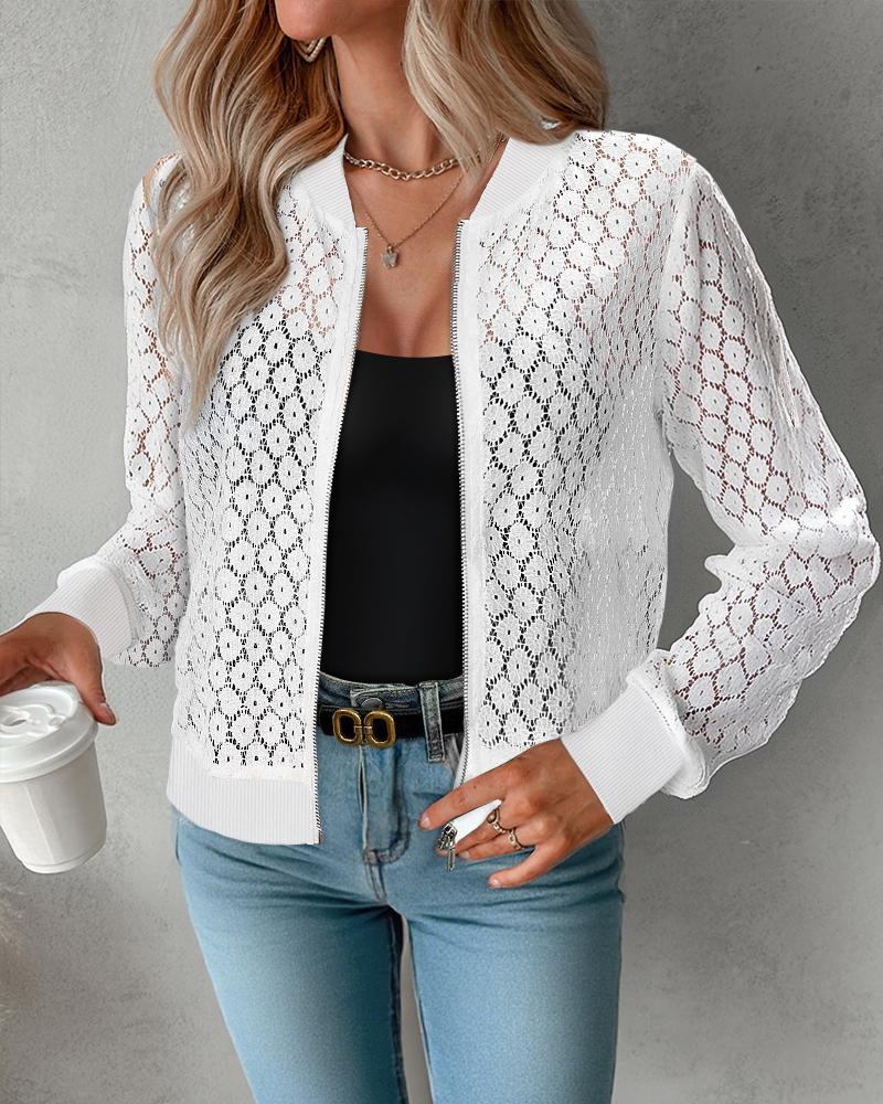 

Jacquard Pattern Design Casual Hollow-out Lace Baseball Coat, White