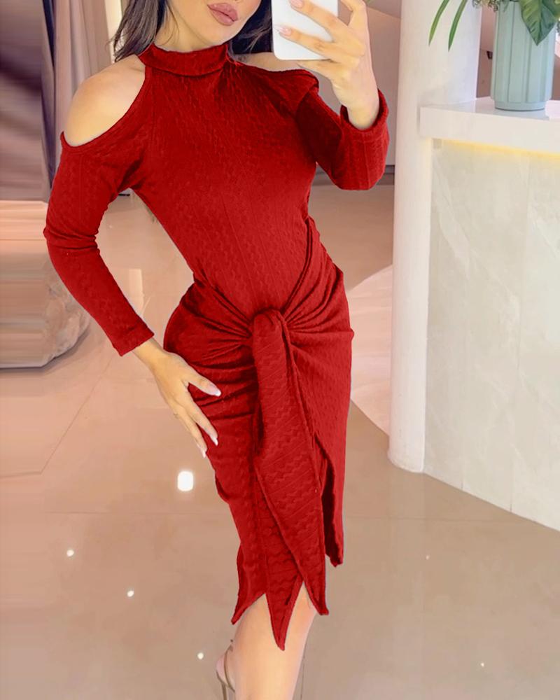 

Cold Shoulder Tied Detail Slit Midi Dress, Red