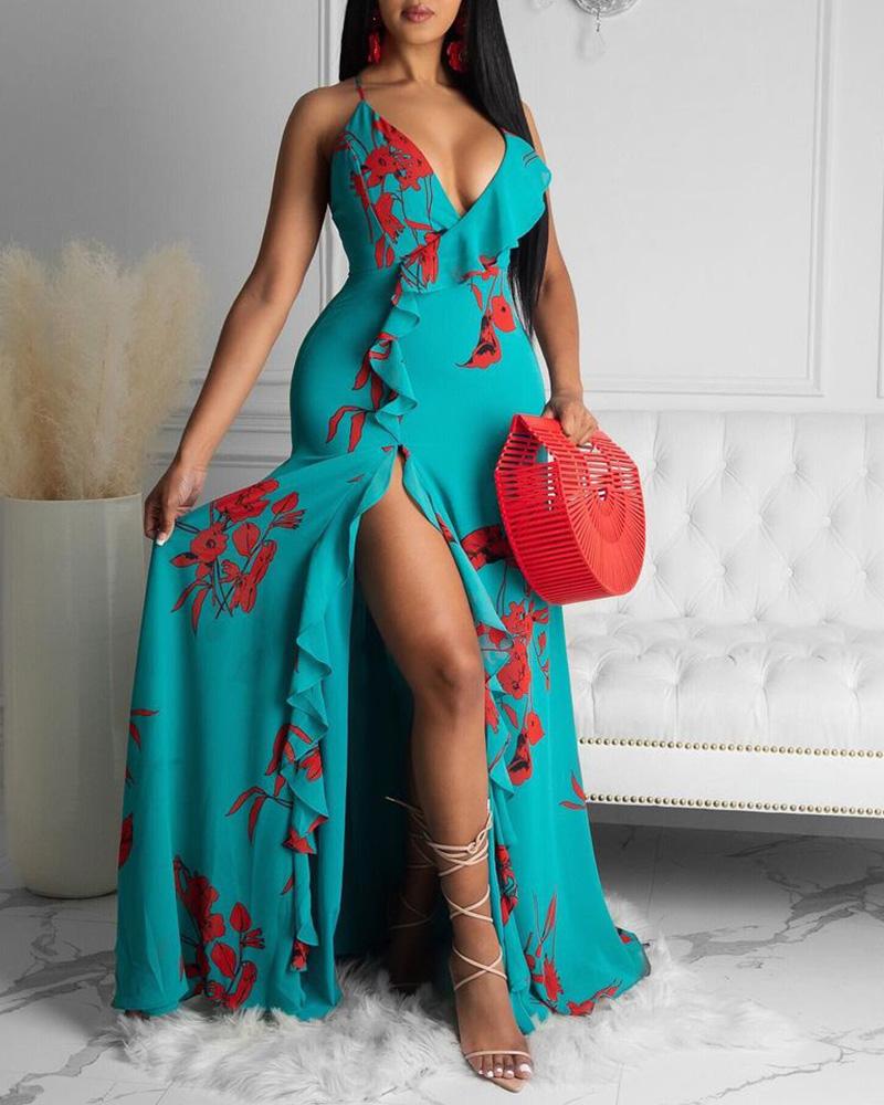 

Backless Floral Print Tank Halter Ruffled Dress, Blue