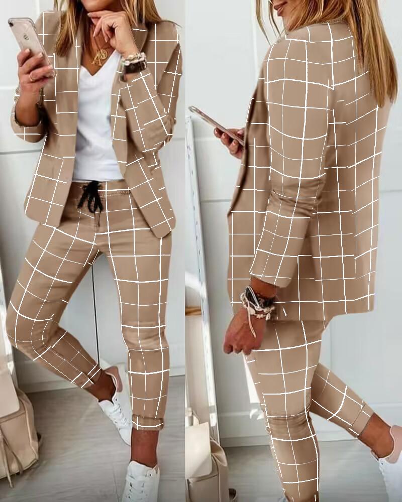 

Plaid Print Blazer & Drawstring Pants Set, Khaki