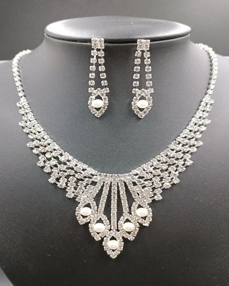 

2pcs Rhinestone Leaf Pendant Chain Necklace & Drop Earrings Jewelry Set, Silver