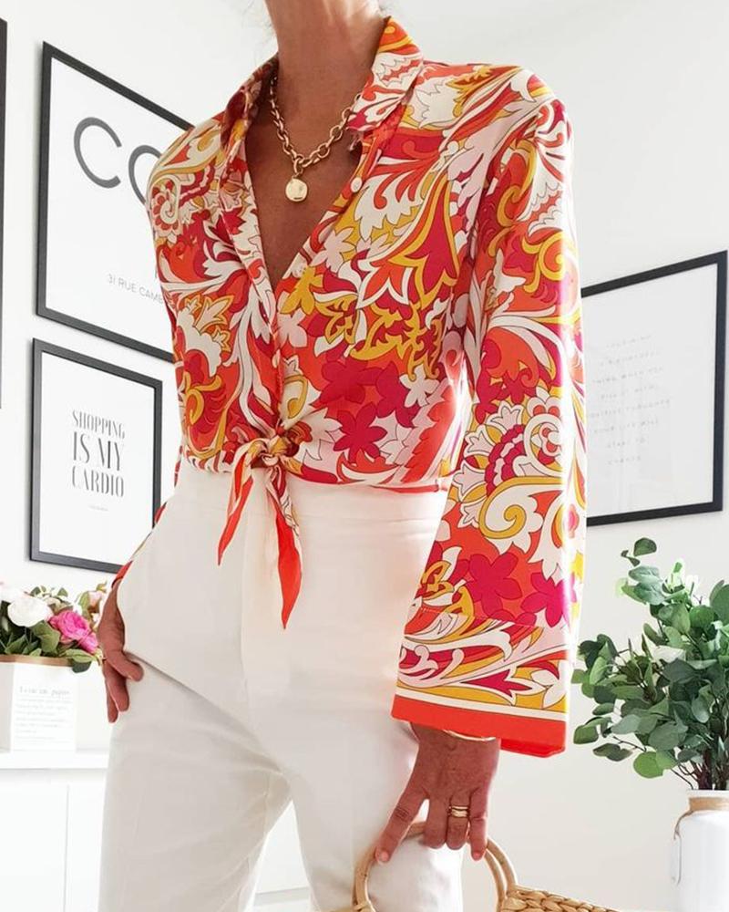 

All Over Print With Floral Flared Sleeve Lace-up Shirts, Red