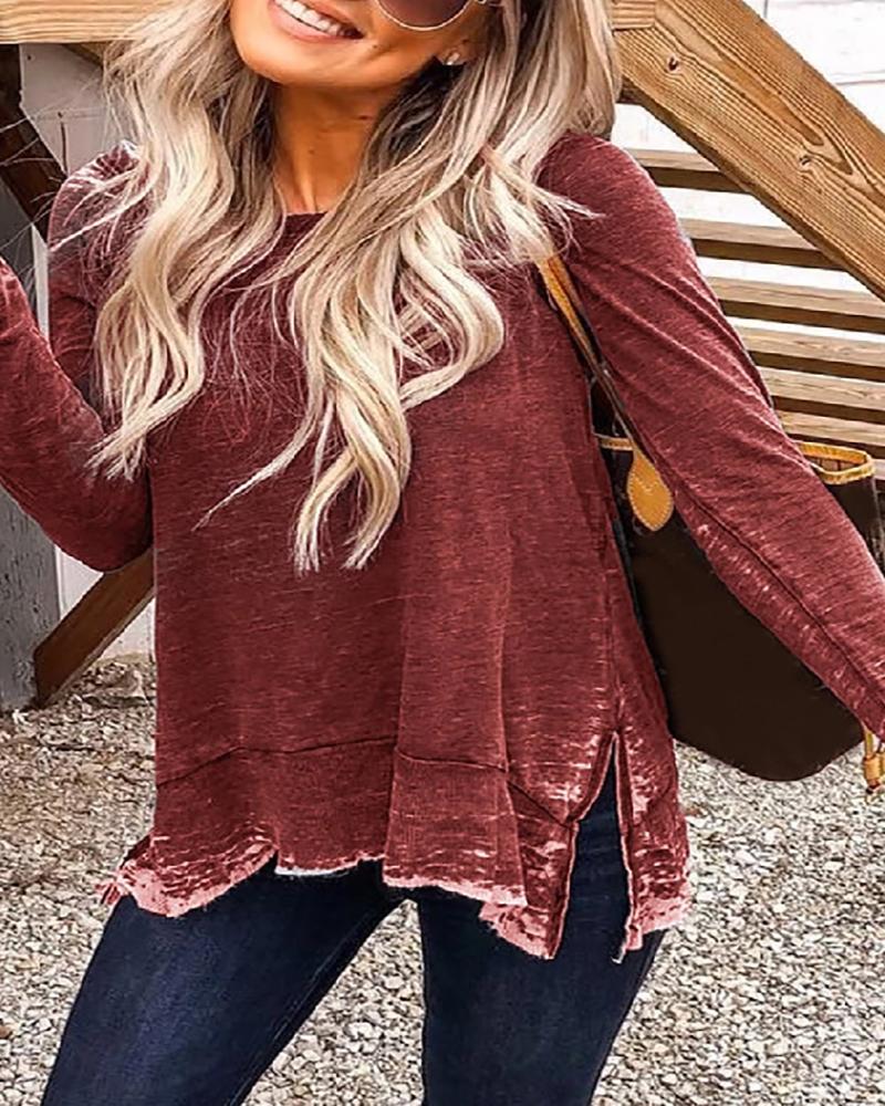 

Solid Round Neck Side Slit Long Sleeve T-shirt, Red