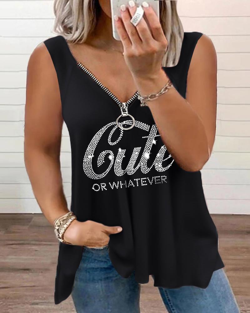 

Plus Size Rhinestone Cute Or Whatever Pattern Tank Top, Black