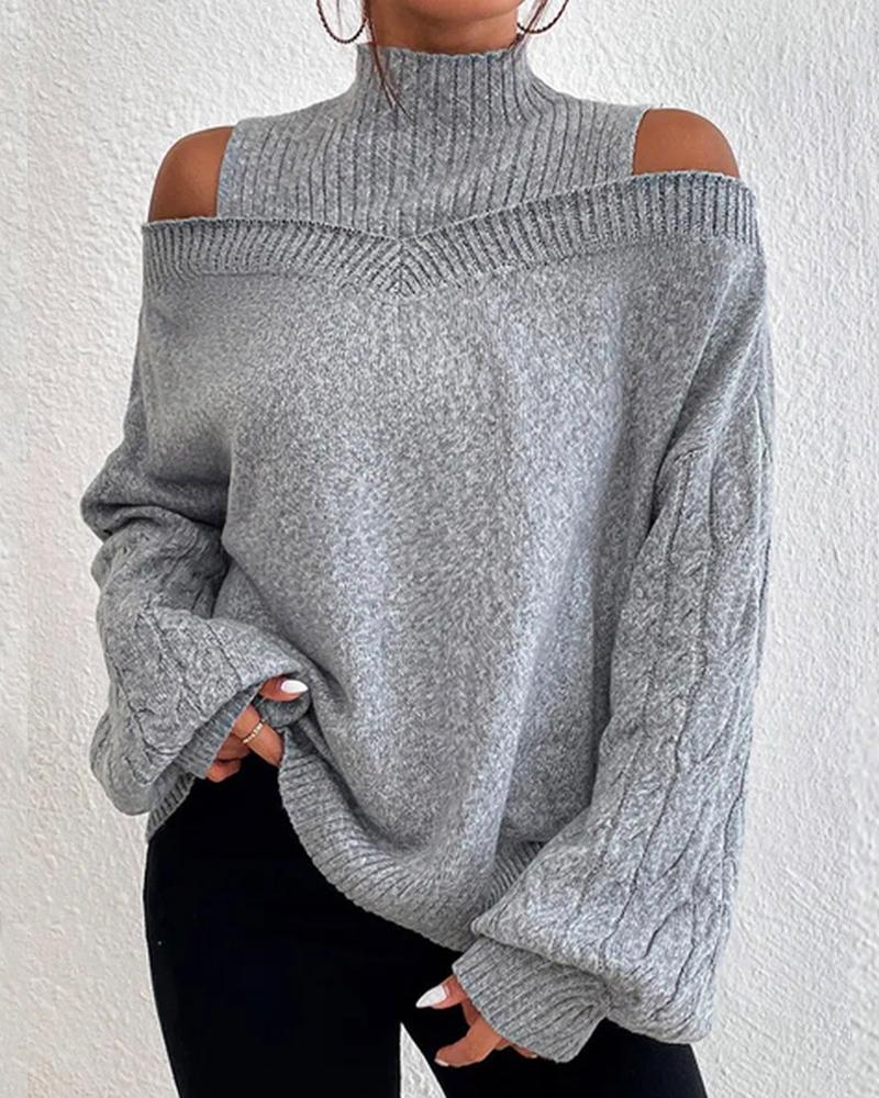 

Cable Knit Lantern Sleeve Cold Shoulder Sweater, Gray