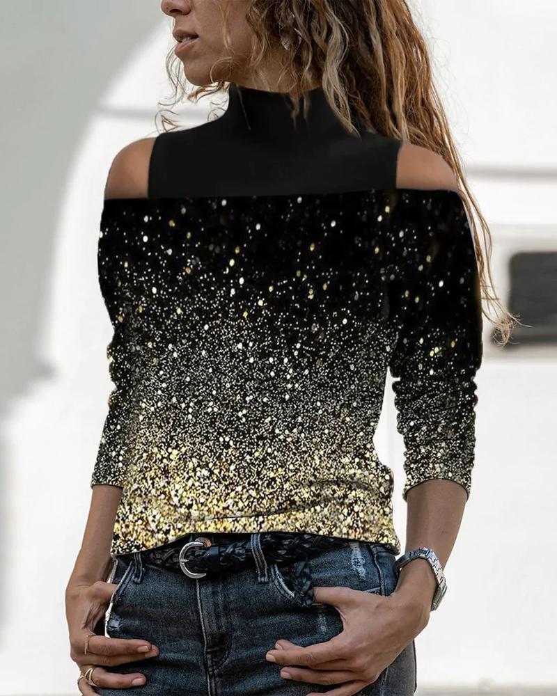

Long Sleeve Cold Shoulder Print Top, Black