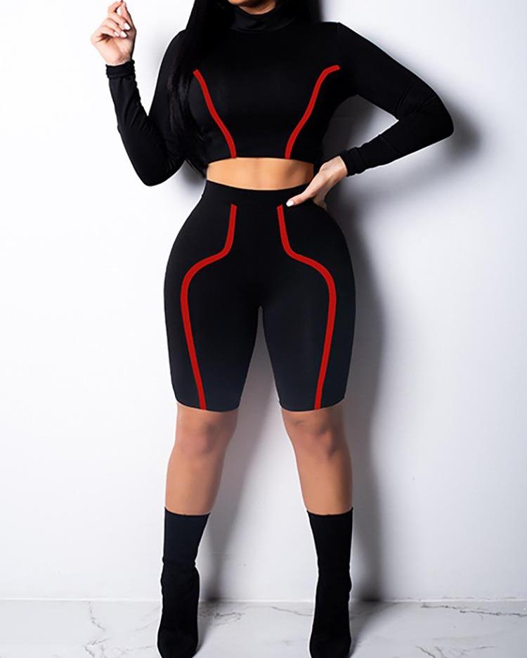 

Contrast Piping Long Sleeve Sporty Tracksuits, Black