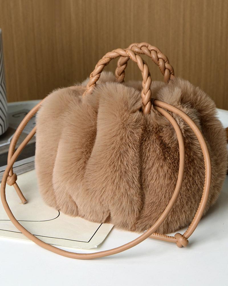 

Fluffy Braided Top Handle Magnetic Shoulder Bag, Coffee