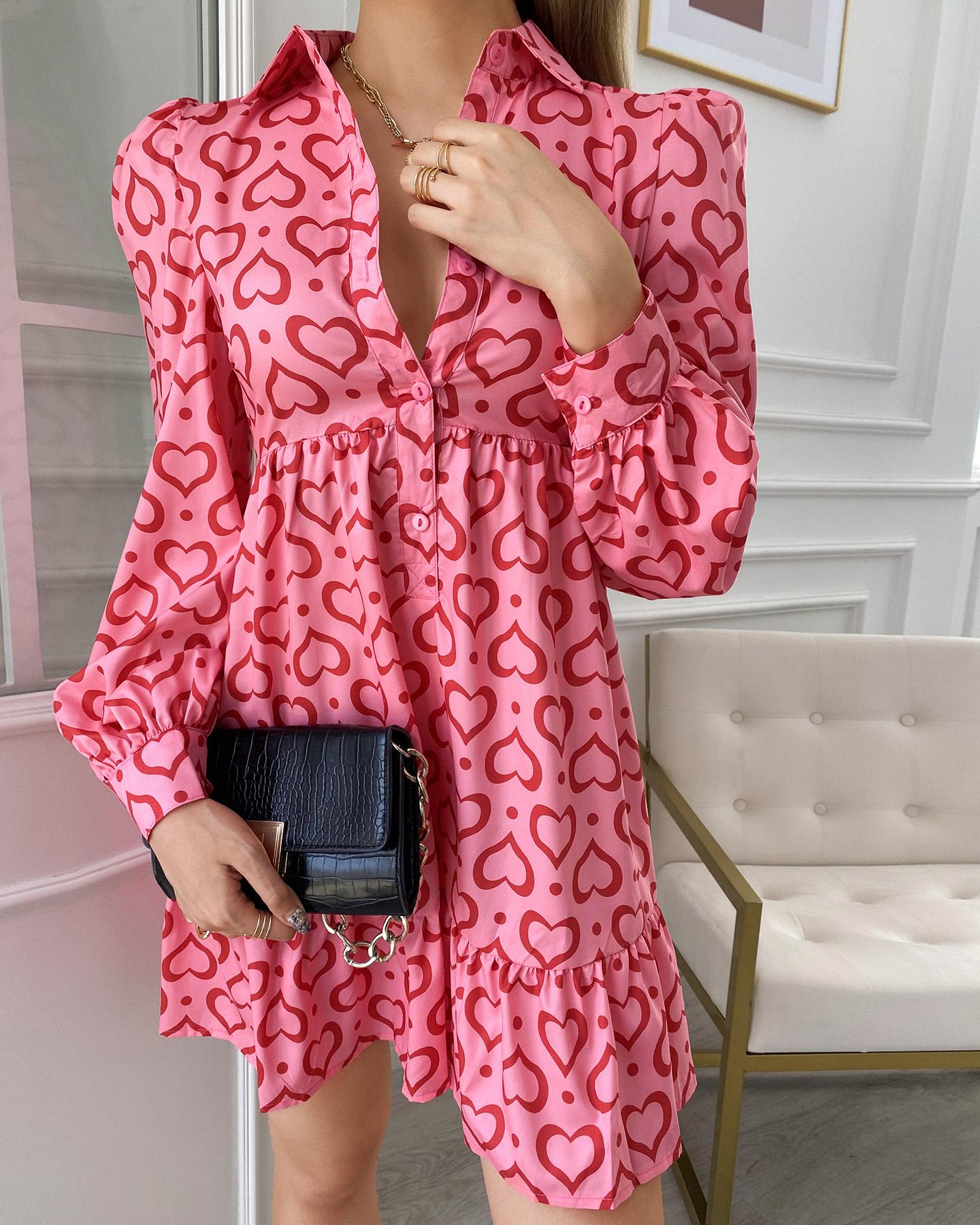 

Puff Lantern Sleeve Heart Print Shirt Dress, Pink