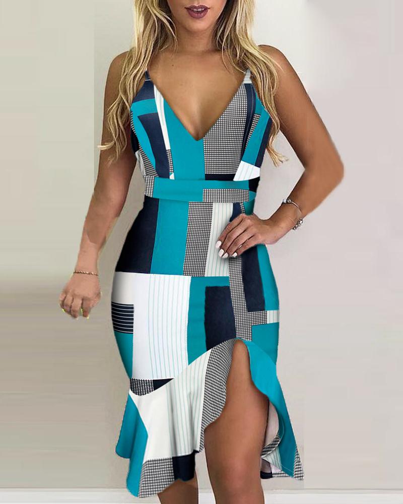 

Spaghetti Strap Colorblock Print Slit Ruffles Dress, Multicolor