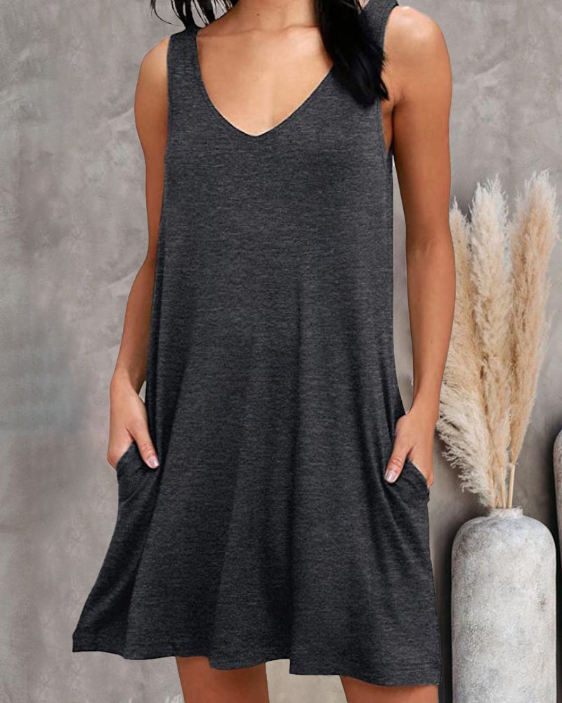 

Pocket Detail V-Neck Casual Tank Dress, Gray