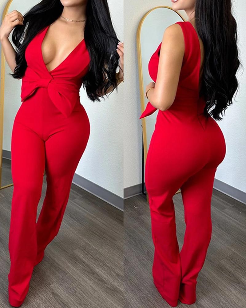 

Plunge Sleeveless Bowknot Decor Jumpsuit, Red