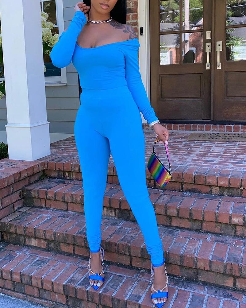 

Solid Long Sleeve T-shirt Pants Two-piece, Blue