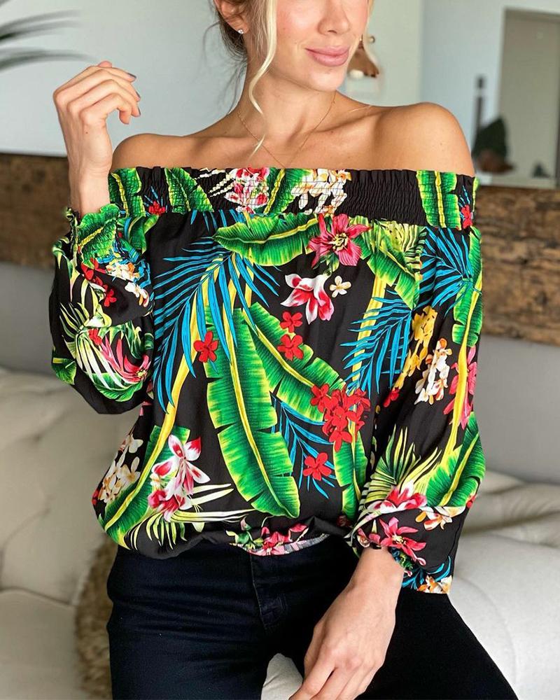 

Tropical Print Shirred Off Shoulder Blouse, Multicolor