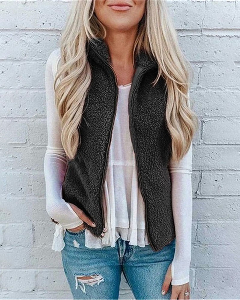 

Pocket Detail Zip Up Teddy Vest Coat, Black